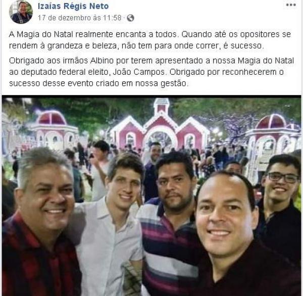 Print da publicação feito pelo prefeito Izaías Régis em sua rede social. Na foto o ex-vereador Sivaldo Albino, seus irmãos Jhonny Albino e Fã Albino, seu filho Caio Albino e o deputador federal eleito João Campos