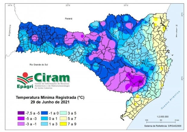  A Epagri/Ciram registrou no amanhecer desta terça-feira, 29, a menor temperatura do ano em Santa Catarina: -7,5°C em Bom Jardim da Serra, seguida de -6.5ºC em Urupema. Até o momento, o recorde do ano era para a temperatura mínima de -5,8ºC registrada em 