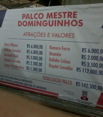 Valores das atrações contratadas pela prefeitura