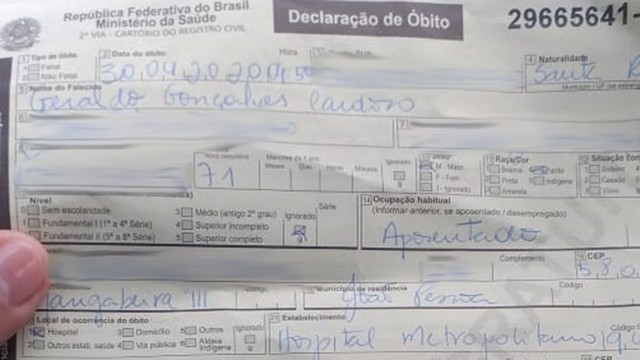 Laudo de morte de aposentado traz como causas a SARS, Covid-19 e Doença Pulmonar Obstrutiva Crônica — Foto: Reprodução/TV Cabo Branco