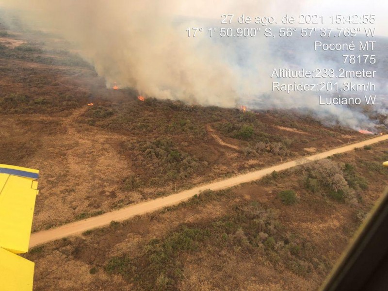 Focos de fogo ativo na vegetação, km 103 da Transpantaneira. - Foto por: Assessoria|CBMMT.