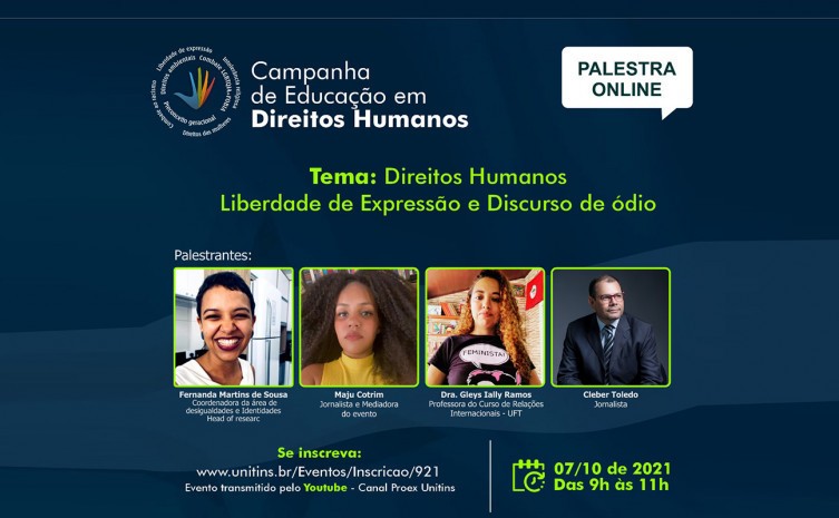 Palestrantes do evento abordarão a liberdade de expressão e o discurso de ódio, na perspectiva dos Direitos Humanos - Foto: Naab Thalys/Governo do Tocantins