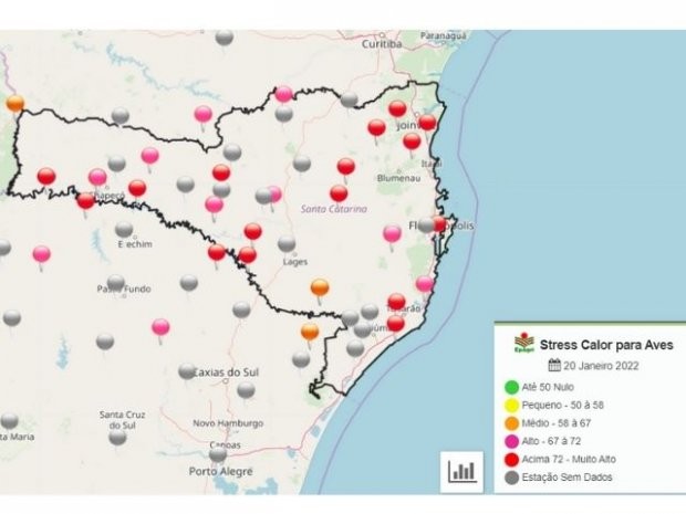   Uma ferramenta disponível na plataforma Agroconnect, disponibilizada pela Epagri/Ciram, permite observar o nível de estresse térmico nas aves oriundo do forte calor que tem feito em Santa Catarina. Altas temperaturas do ar combinadas com umidade do ar 