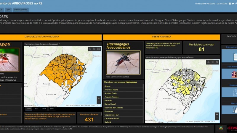 Painel traz informações como em quais municípios foram encontrados mosquitos que transmitem doenças - Foto: Divulgação SES